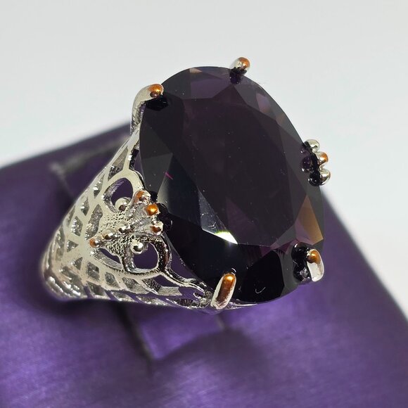 Stunning Oval Faceted Purple Stone Silver Filigree Victorian Style Ring - SZ 7 - Picture 4 of 13